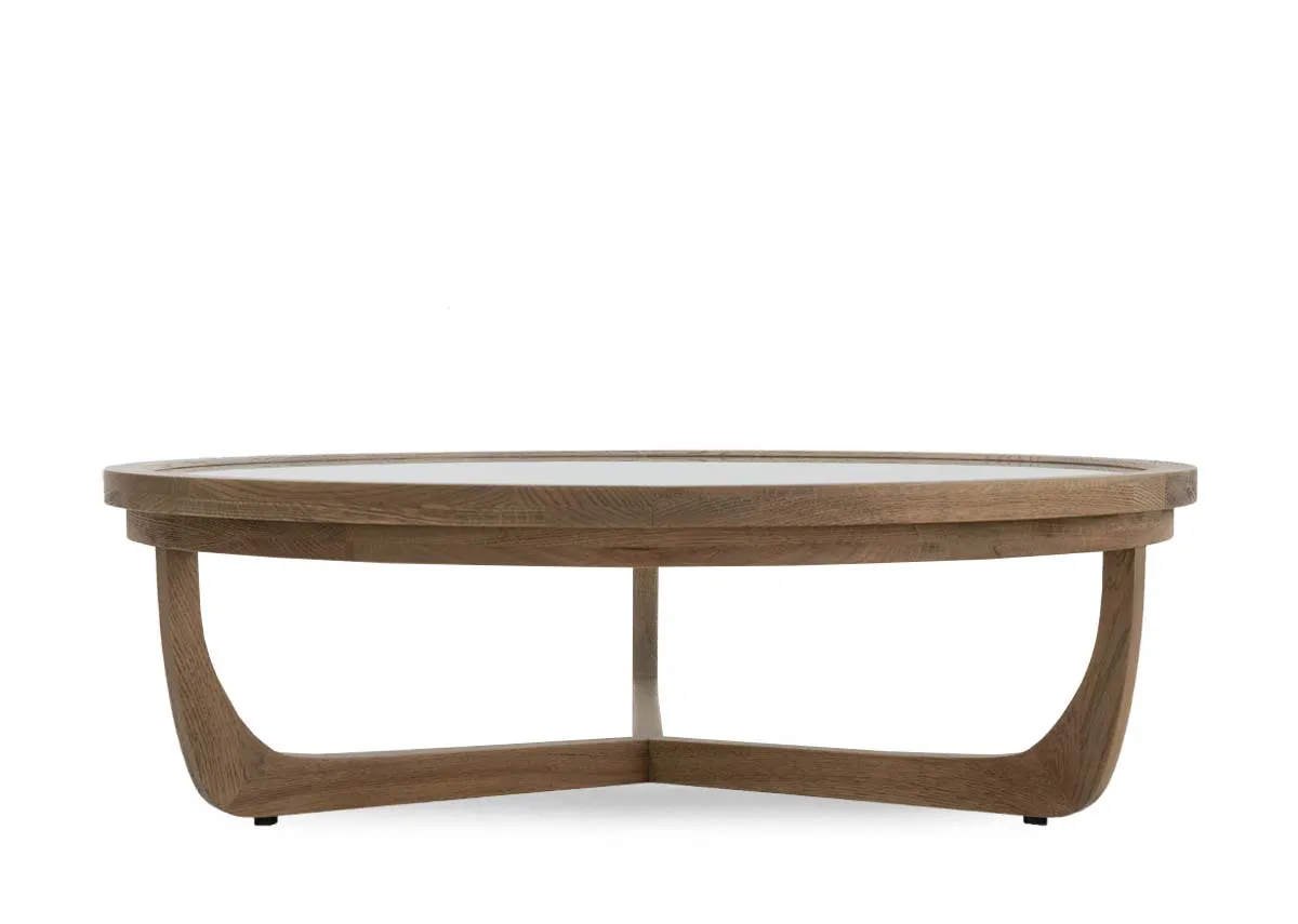A round coffee table with oak frame and glass top from EZ Livings Alexis range.Front veiw of tripod base