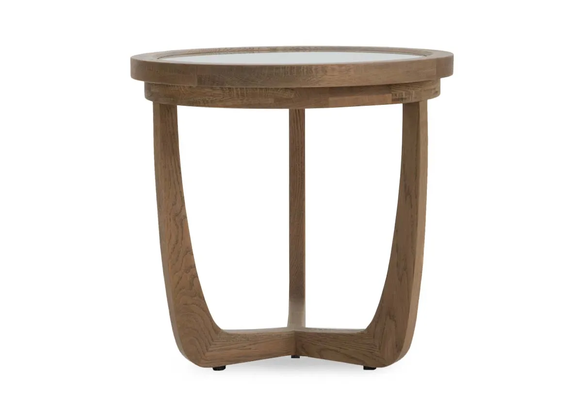 A round lamp table with oak frame and glass top from EZ Livings Alexis range. Front view of tripod base