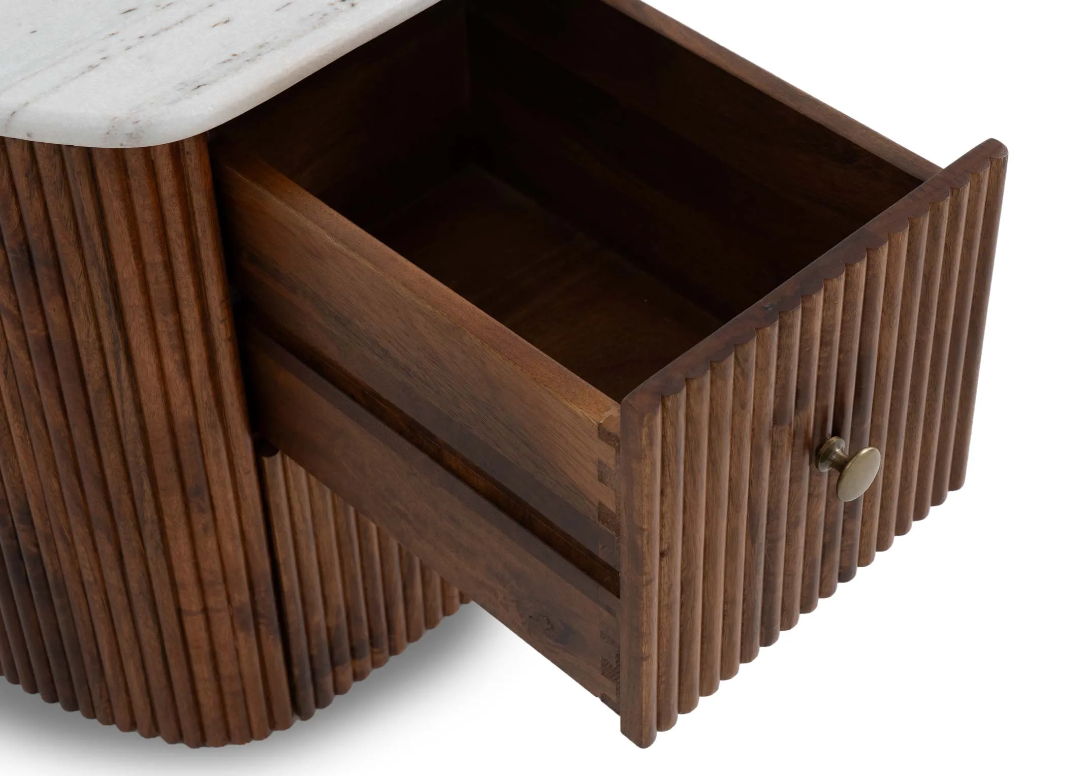 A 2 drawer mango wood locker from EZ Livings Bunton range. Closeup of the drawer open showing panel detail