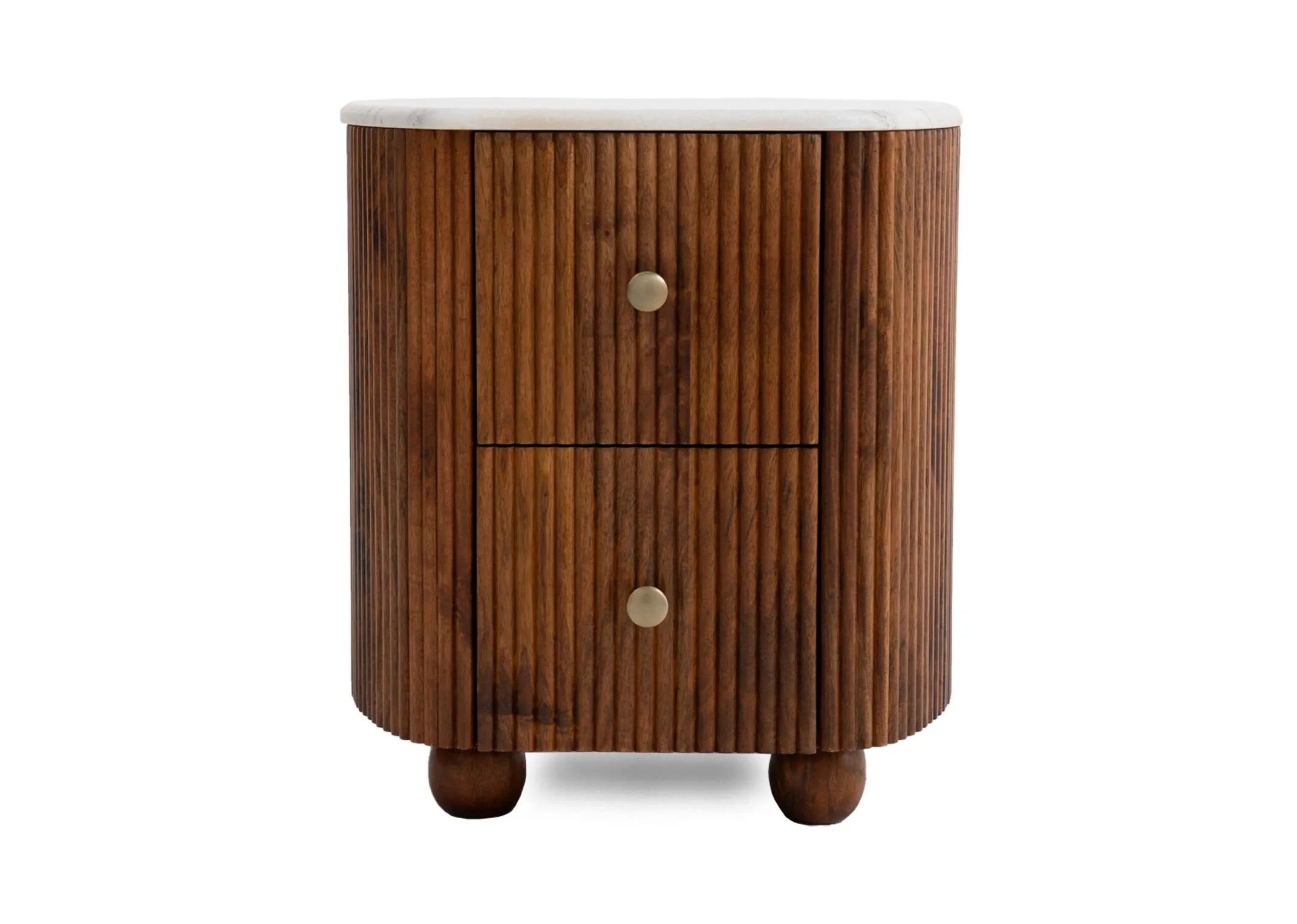 A 2 drawer mango wood locker from EZ Livings Bunton range. Front view of gold handles.