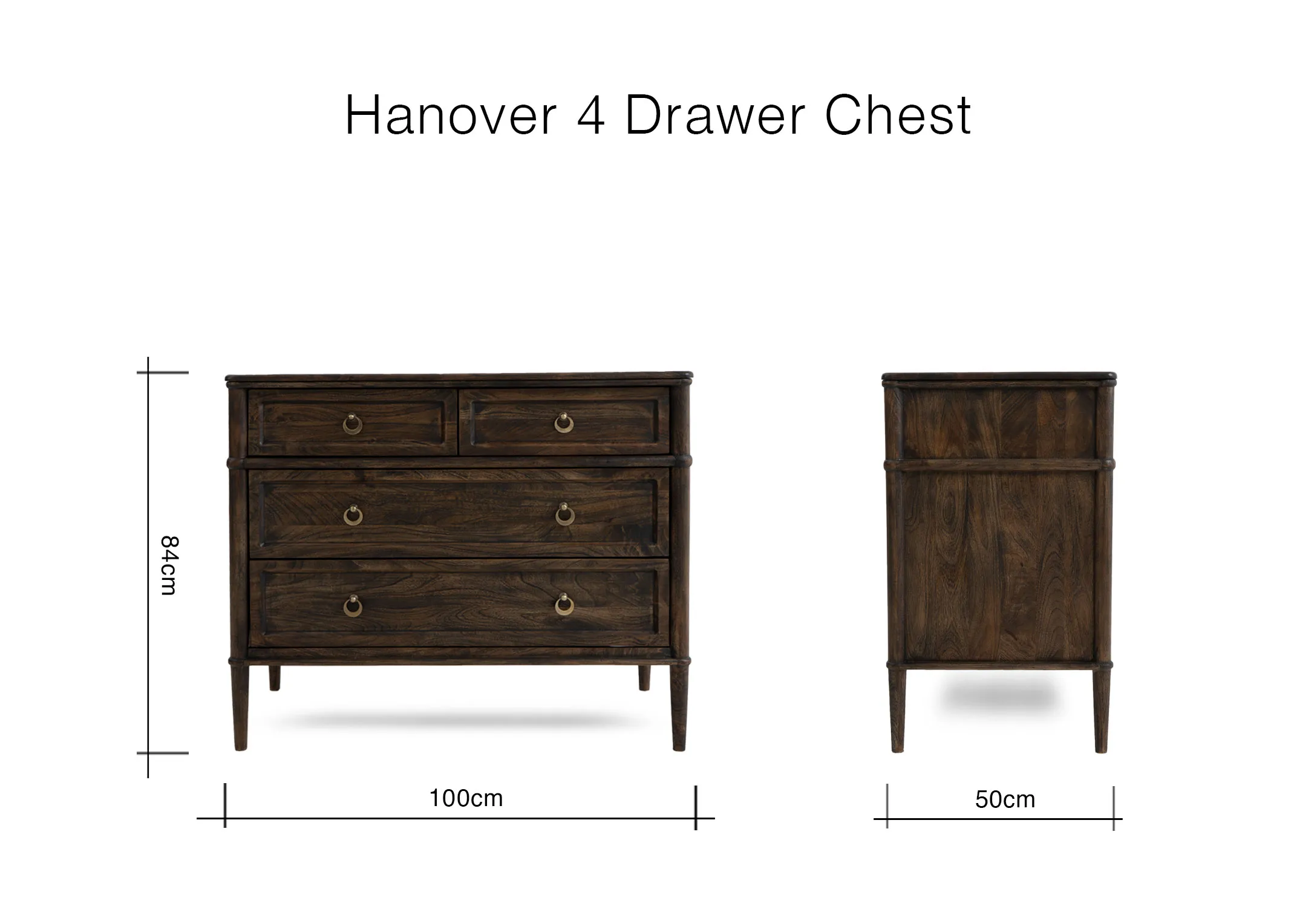 A dimension image of the Hanover Chest of drawers with 100cm x 50cm x 84cm