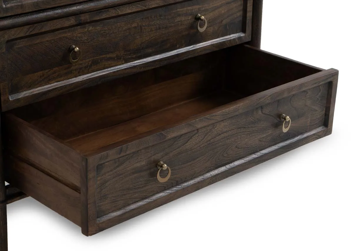 A dark brown mango 4 drawer chest from EZ Livings Hanover range. Closeup of drawer brass handles