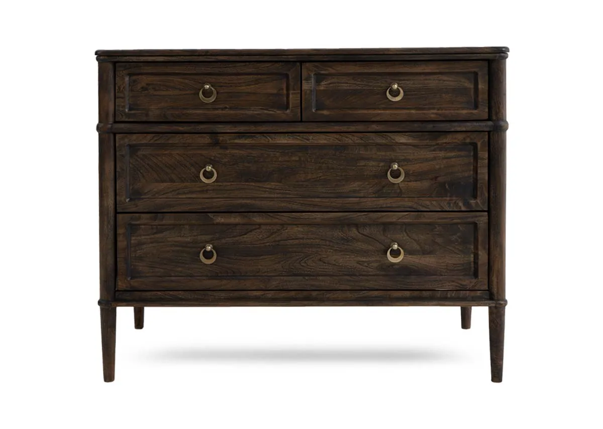 A dark brown mango 4 drawer chest from EZ Livings Hanover range. Front view of 4 large drawers and high feet