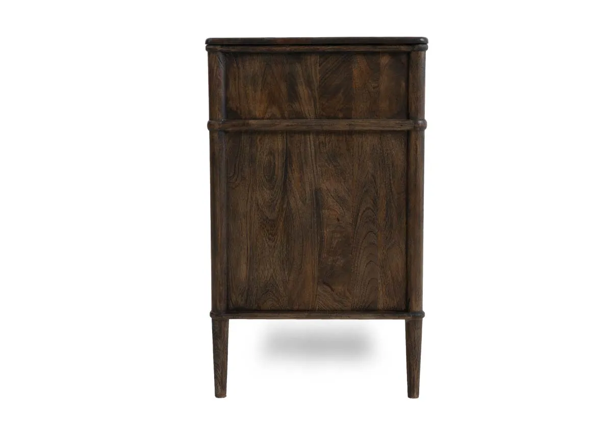 A dark brown mango 4 drawer chest from EZ Livings Hanover range. Side view of wood texture