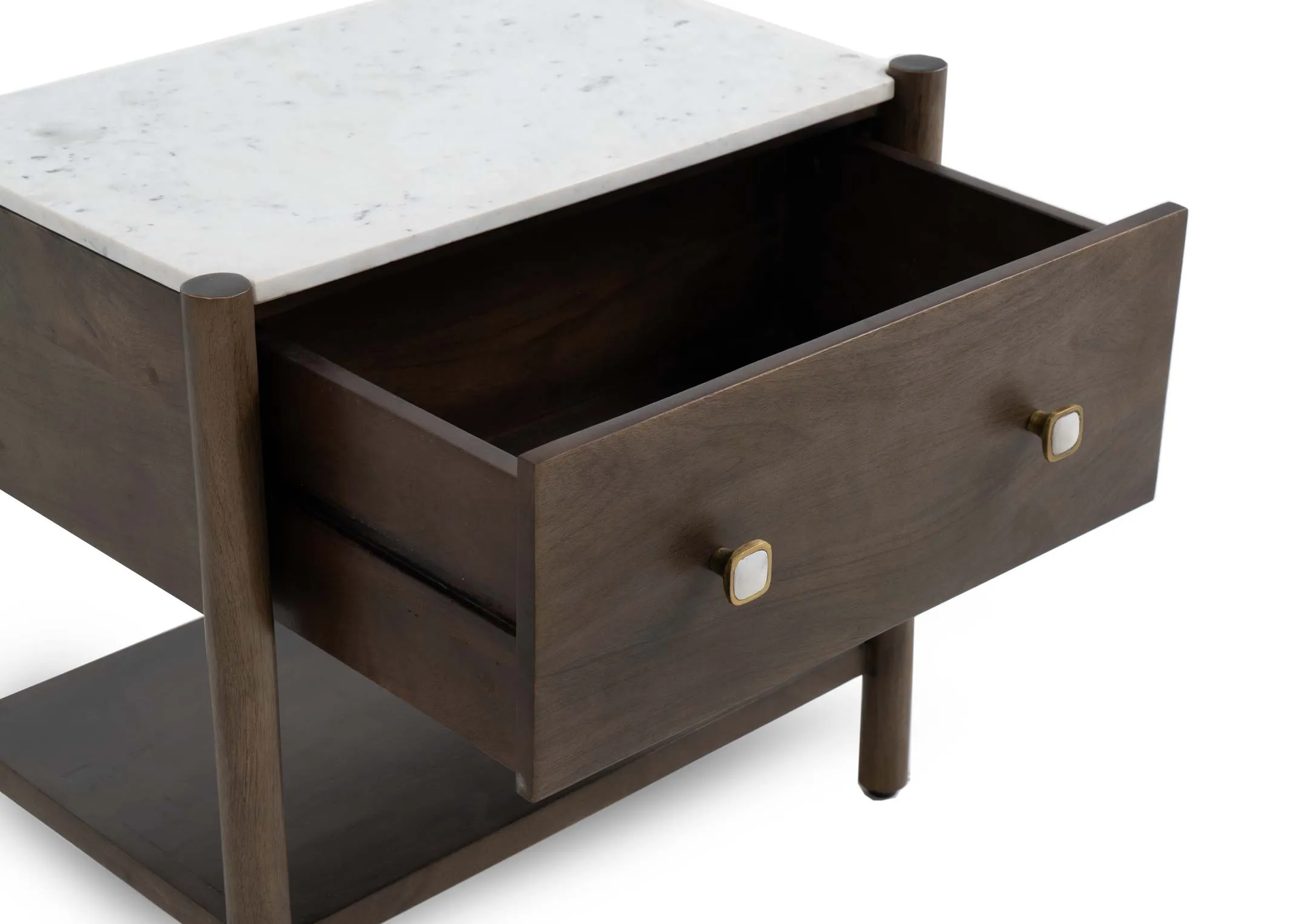 A dark brown locker with marble top from EZ Livings Nora range. Closeup of open drawer