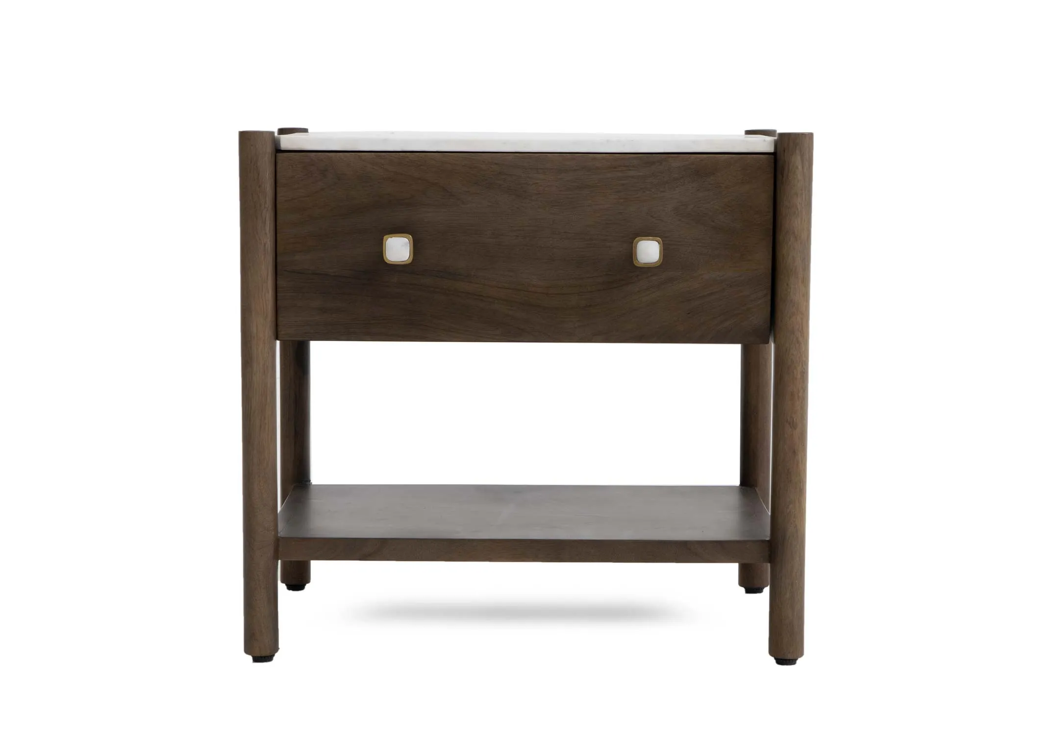 A dark brown locker with marble top from EZ Livings Nora range. Front view of round handles