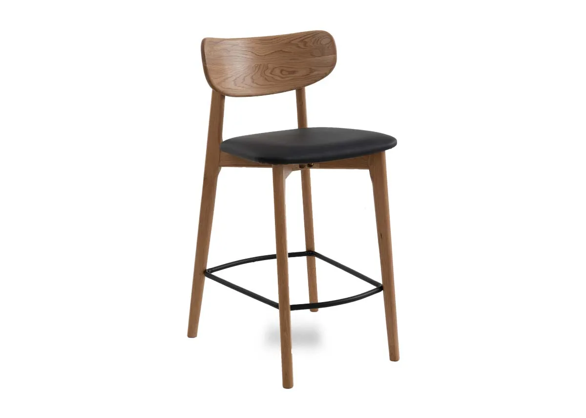 Oak Counter Bar Stool with Black Seat - Bari