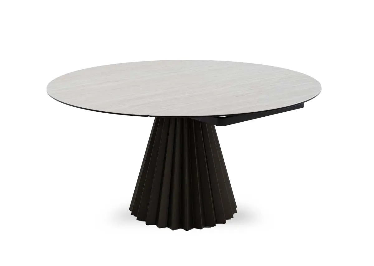 A dark metal dining table with round cermic table top from EZ Livings Zenith range. Front  view