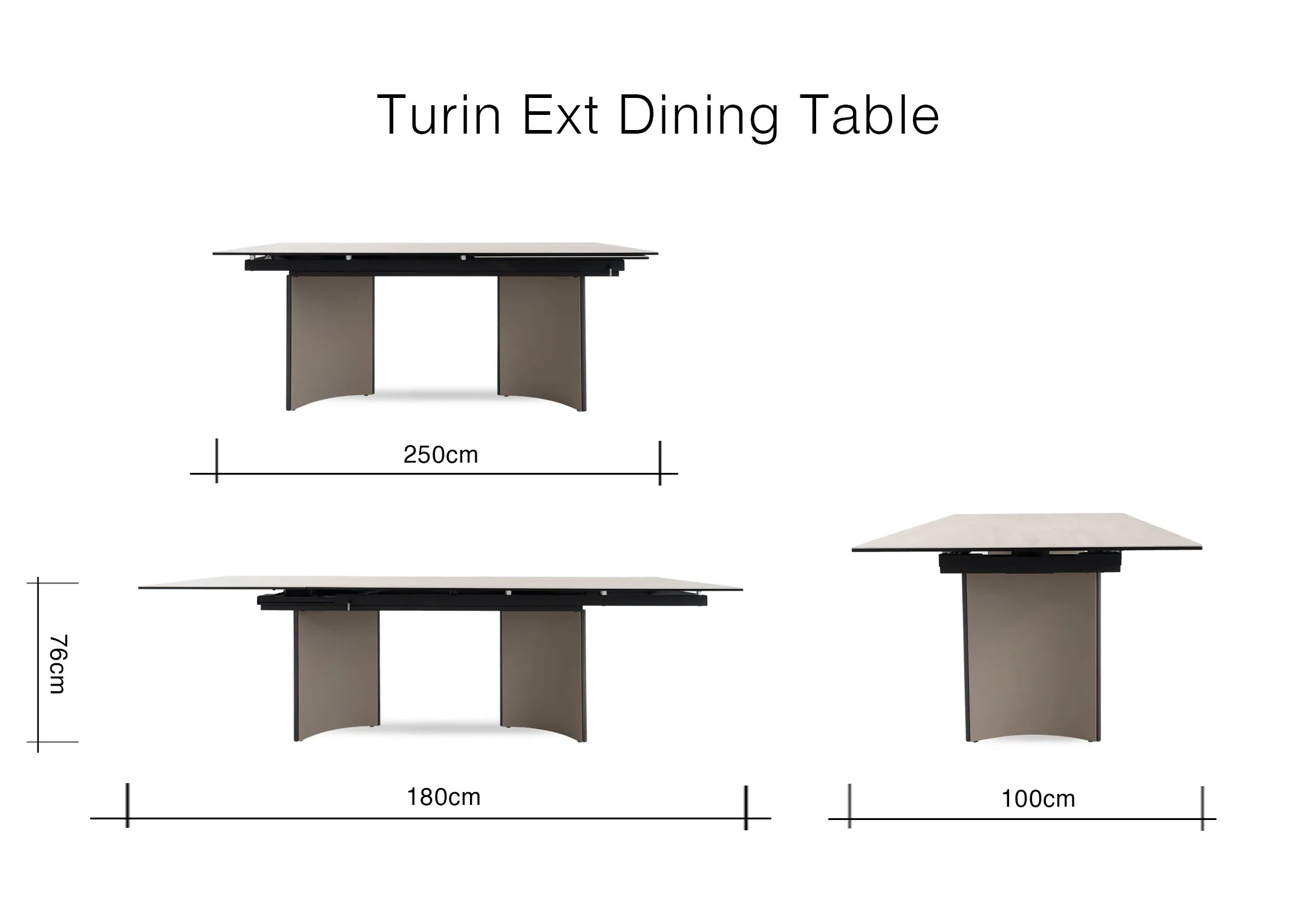 A dimension image of the Turin Extednable table with 180-250cm x 76cm x 100cm