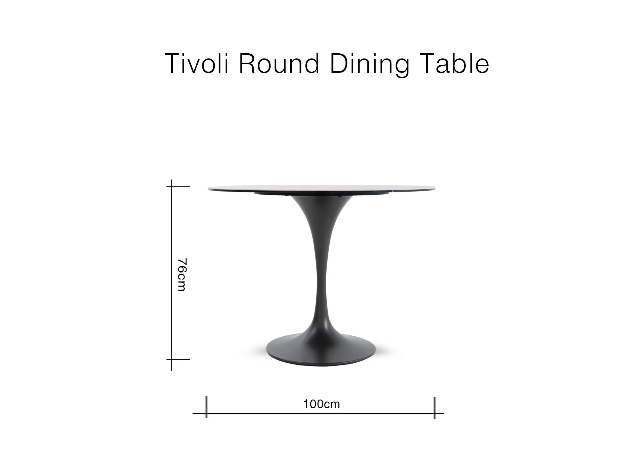 A dimension image of the Tivoli dining table with 100cm x 76cm