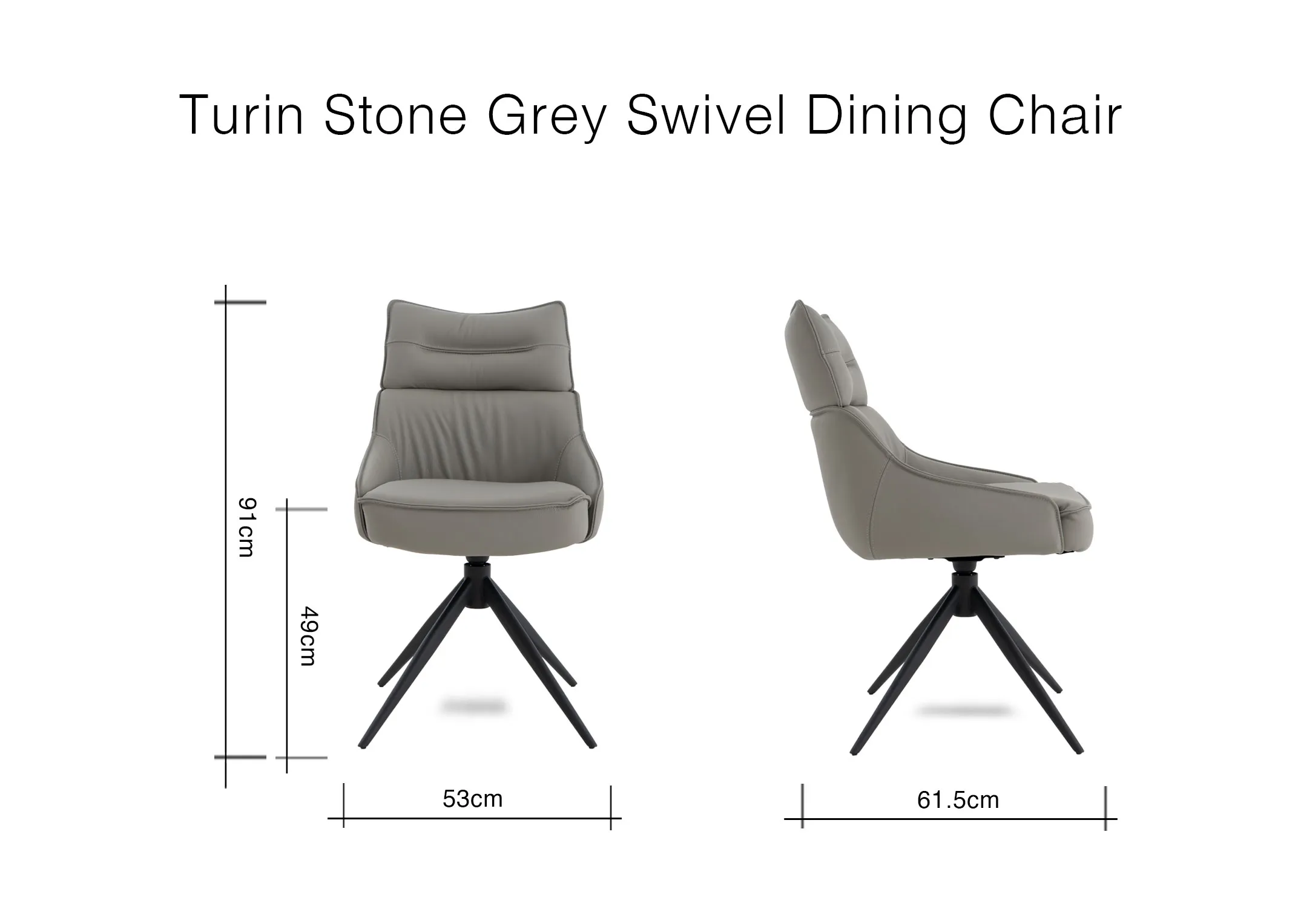 A dimension image of the Turin dining chair with 53cm x 61.5cm x 91cm