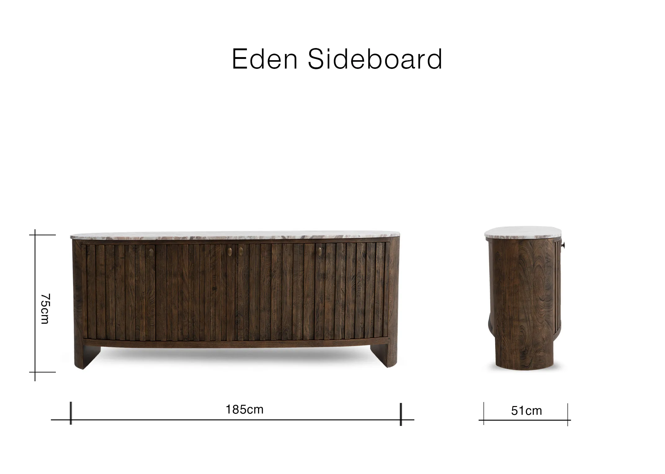 Adimension image of the Eden Sideboard with 185cm x 51cm x 76cm