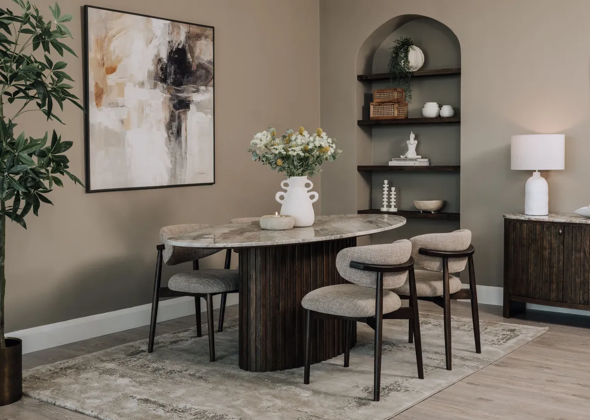 200cm Brown Mango & Marble Top Oval Dining Table - Eden