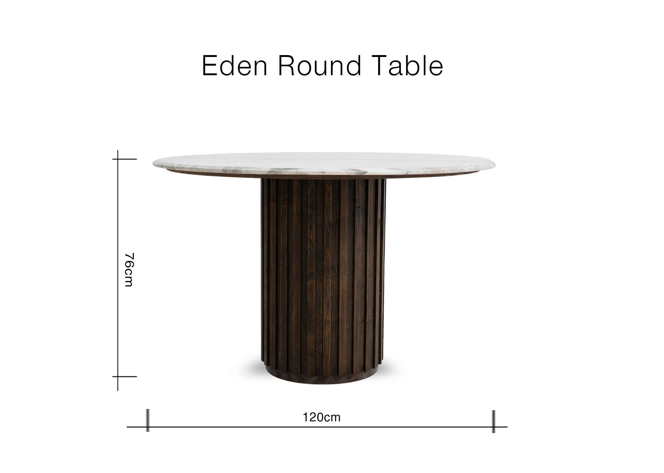 A dimension image of the Eden round dining table with 120cm x 76cm