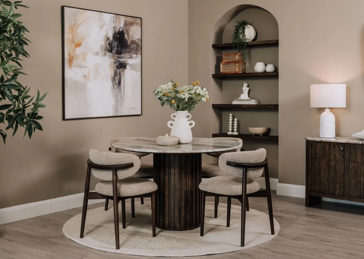 120cm Brown Mango & Marble Top Round Dining Table - Eden