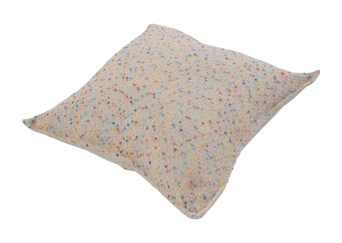 A cream cushion with multi coloured flecks from EZ Livings Honey Flax range.Angled view