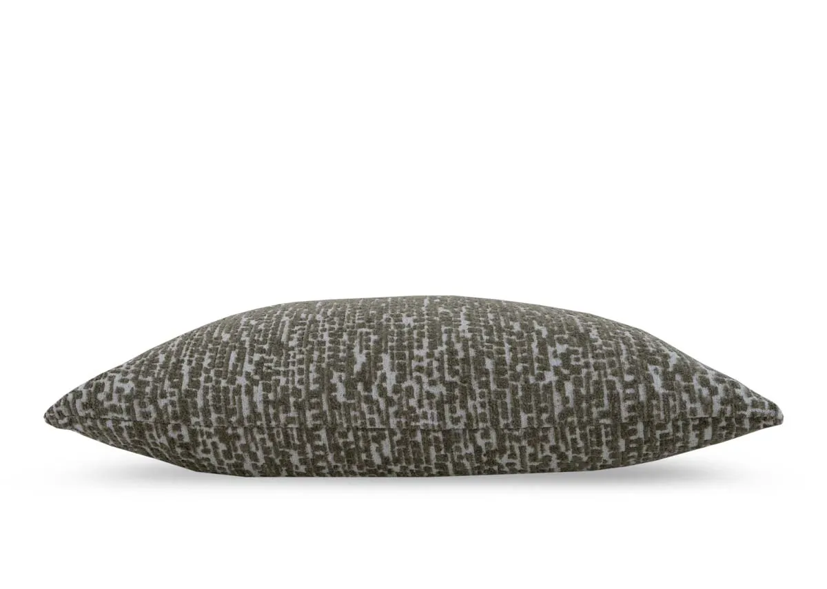 A green and white bolster cushion from EZ Livings Wild Fern range. Side view