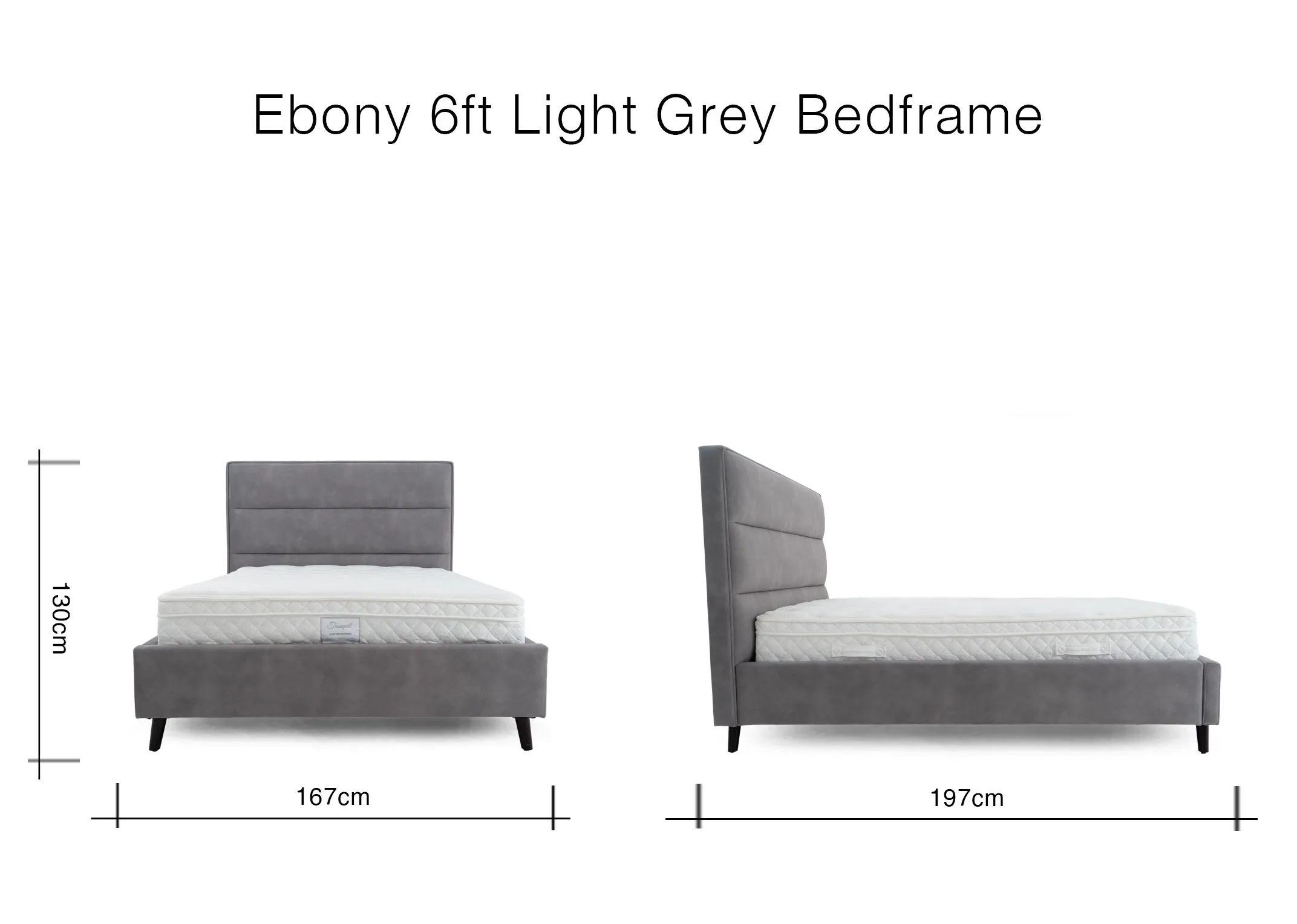 A dimension image of the Ebony 6ft bed with 167cm x 197cm x 130cm