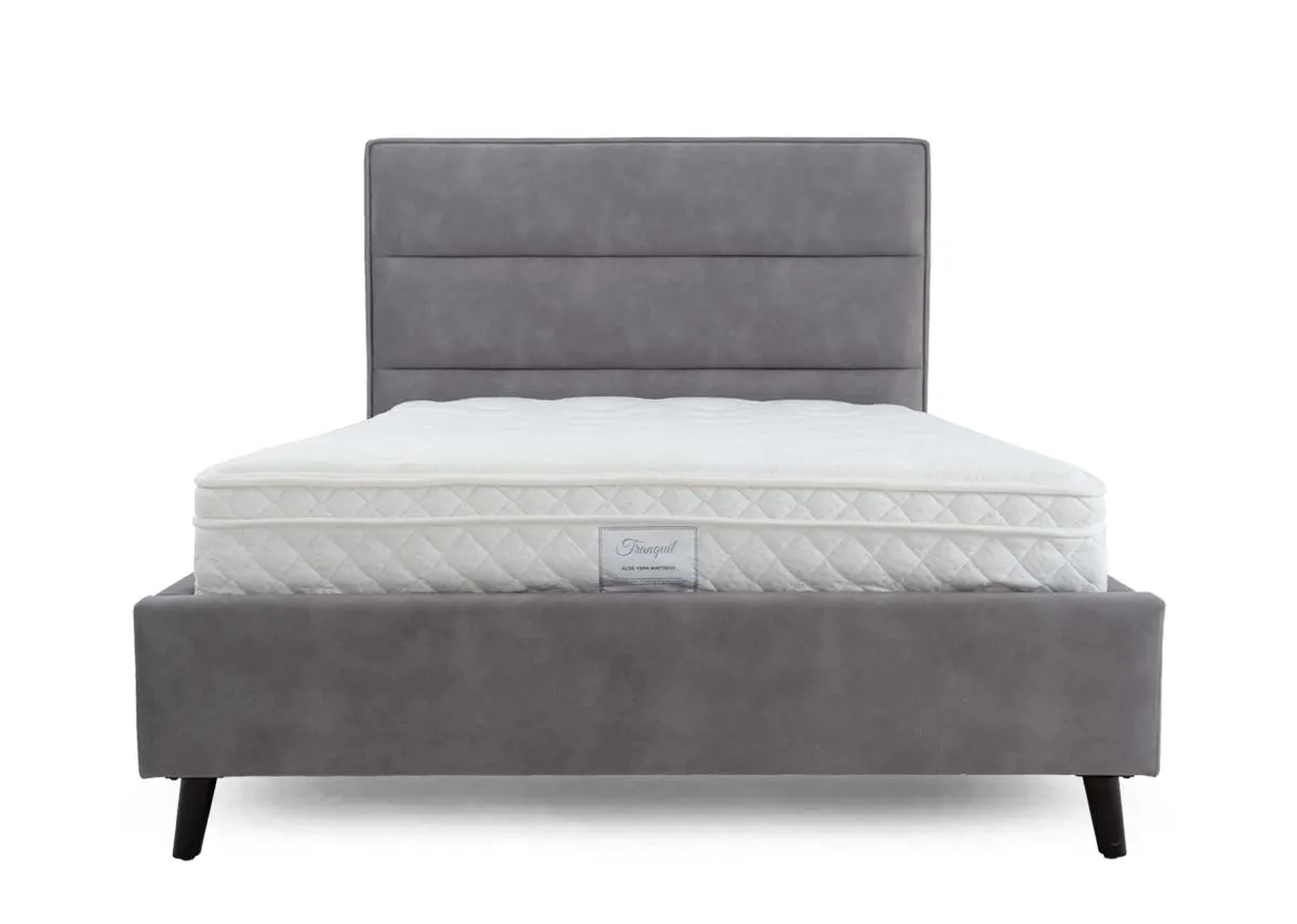 A light grey fabric bedframe from EZ Living Furniture. Front view of 3 row stitched headboard