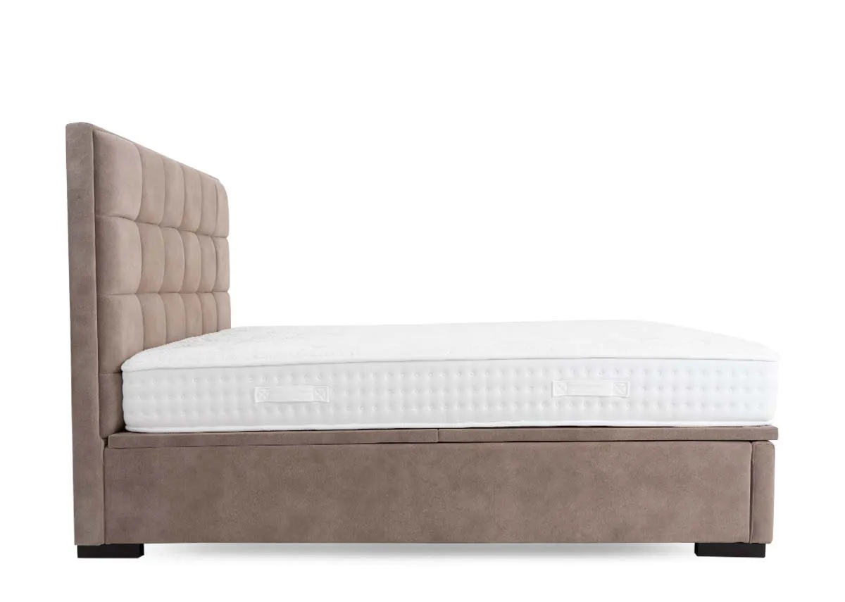 A mocha brown 5ft fabric ottoman bed from EZ Livings Sadie range.Front view of panelled headboard