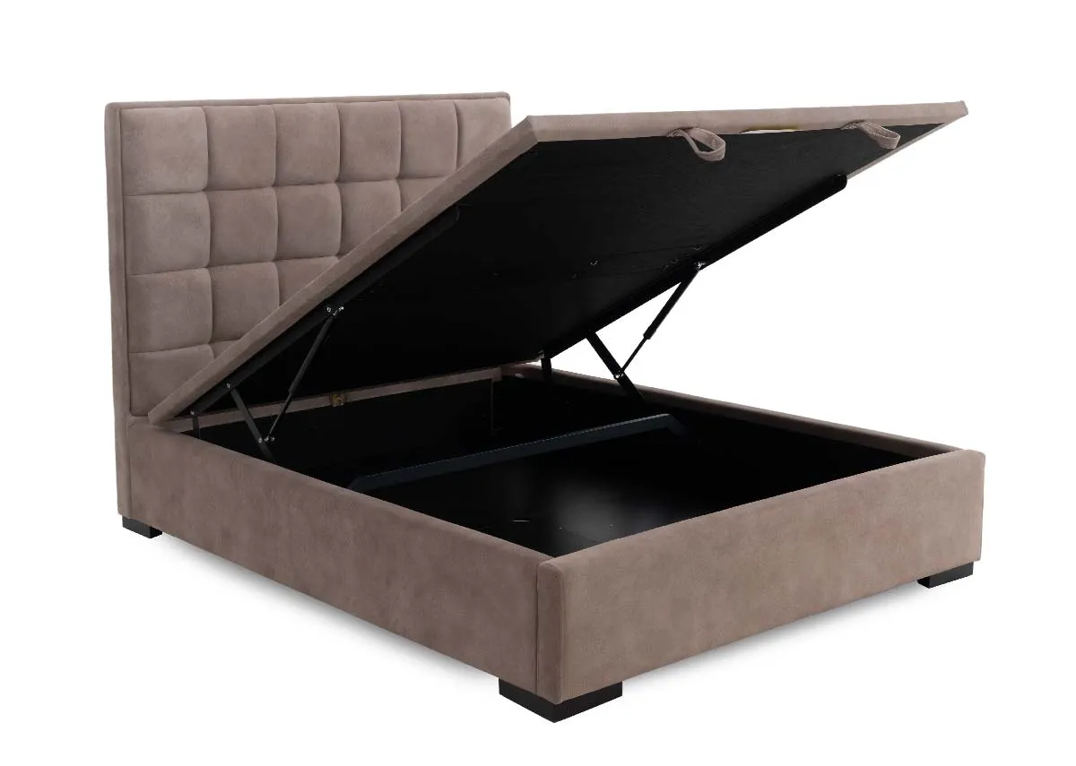A mocha brown 5ft fabric ottoman bed from EZ Livings Sadie range.Closeup of black wood feet