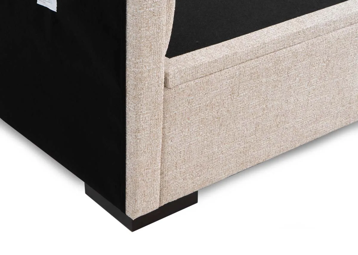 A beige fabric ottoman bed from EZ Livings Liberty range. Closeup of fabric finish and flat base