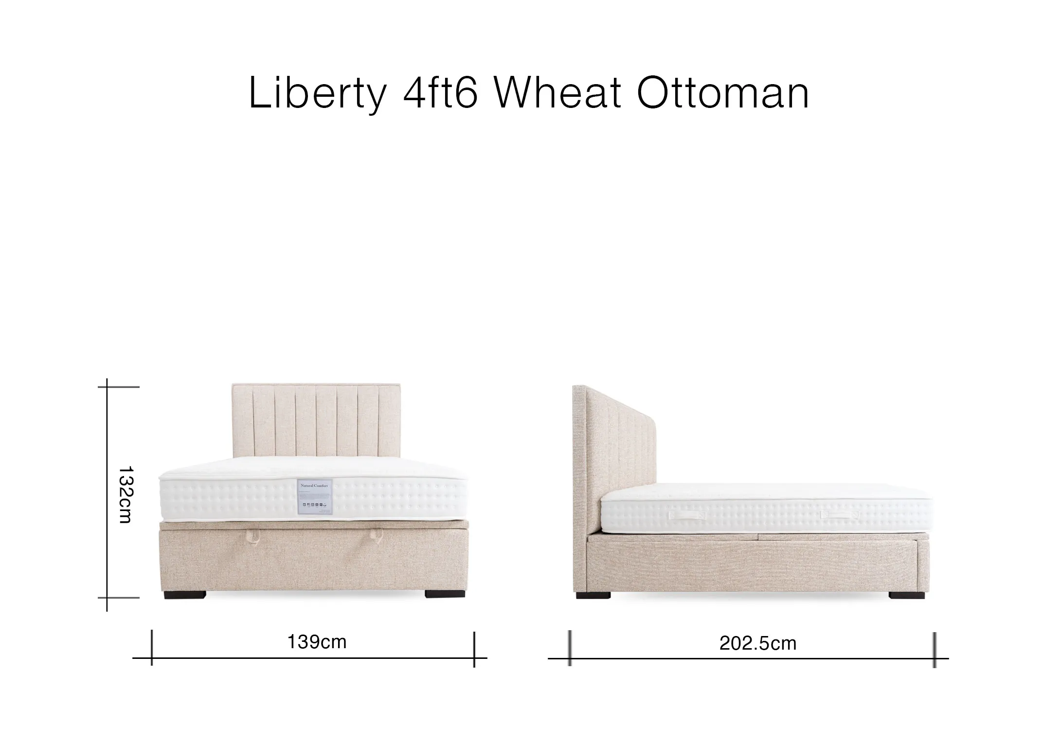 A dimension image of the Liberty 4ft6 Wheat Ottoman with 139cm x 202.5cm x 132cm