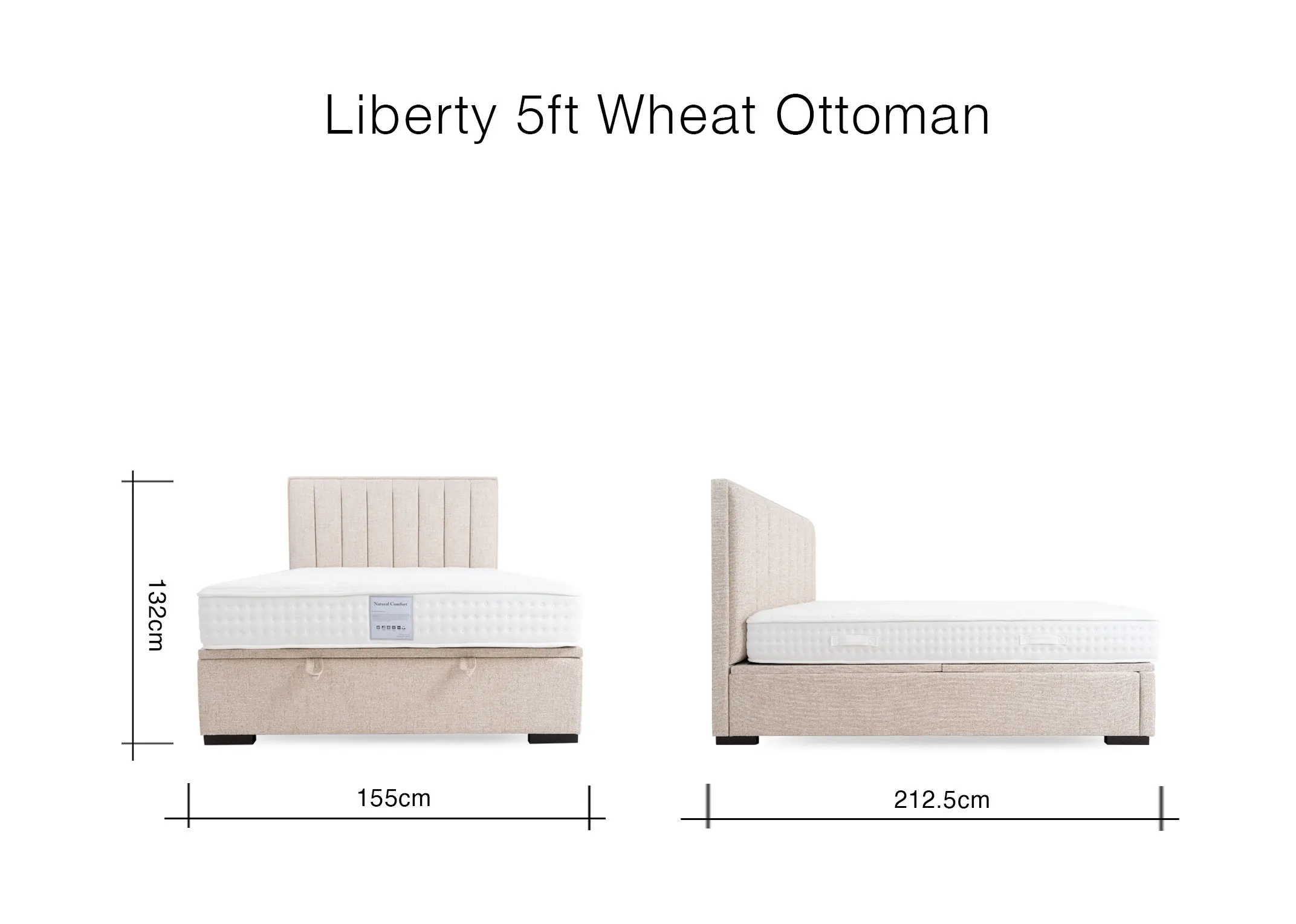 A dimension image of the Liberty 5ft Ottoman with 155cm x 212.5cm x 132cm