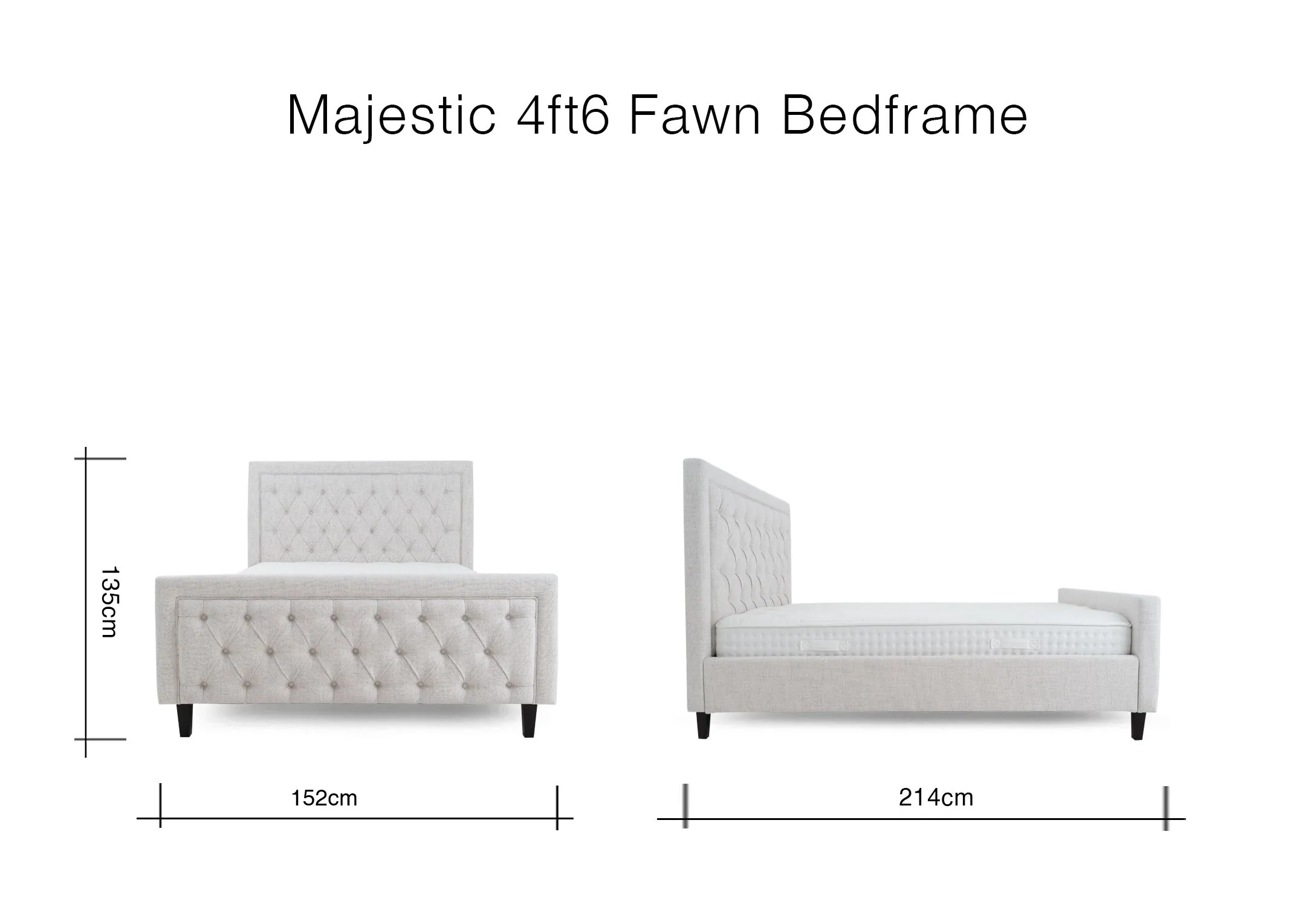 A dimension image of the Majestic Fawn bedframe with 152cm x 214cm x 135cm