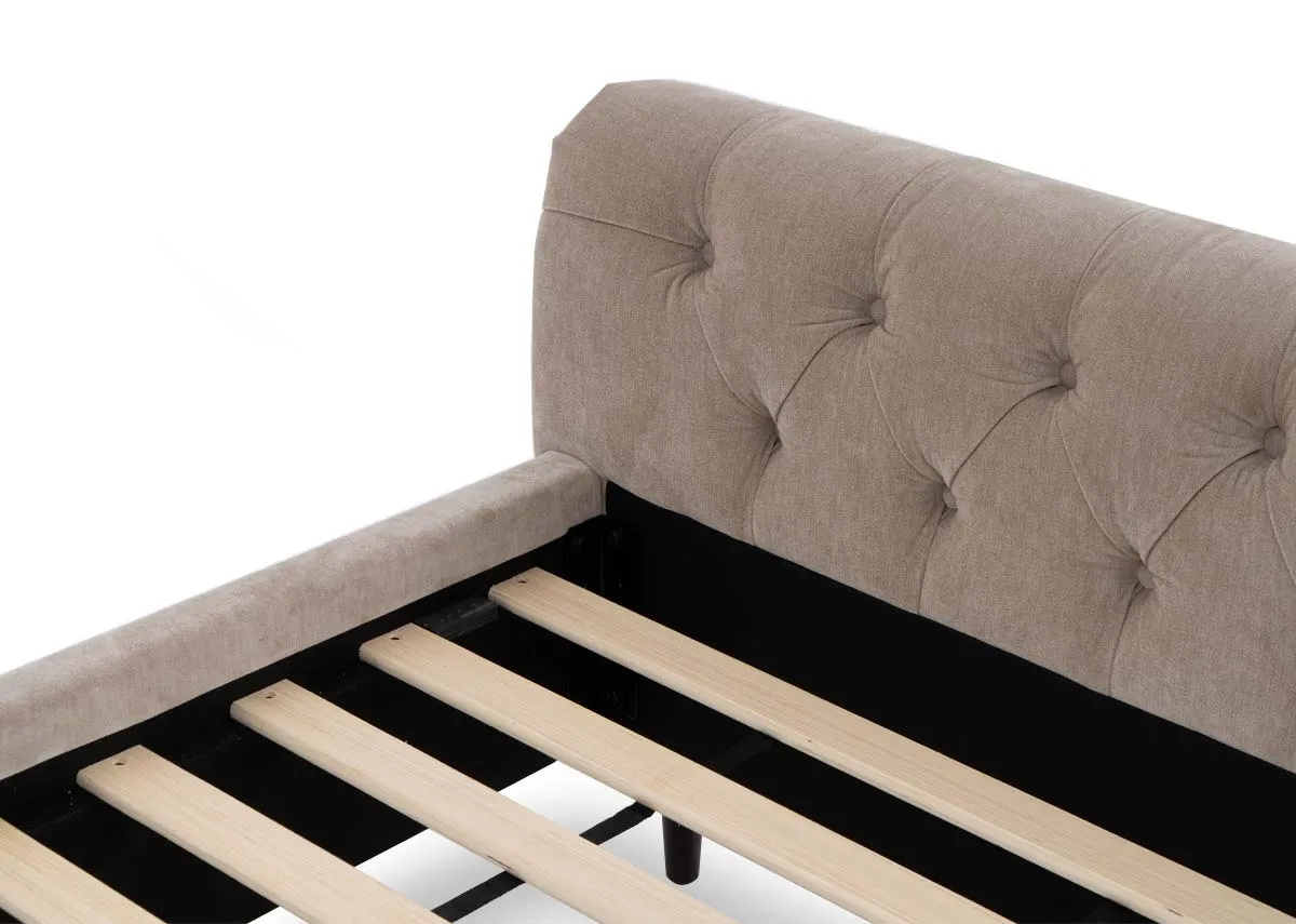 A double bed in taupe grey with button back detail from EZ Livings Sofia range. Closeup of slats