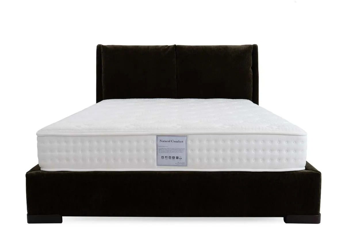 A green fabric bedframe with padded headboard from EZ Livings Comfy range.Front view of bed with mattress not included.