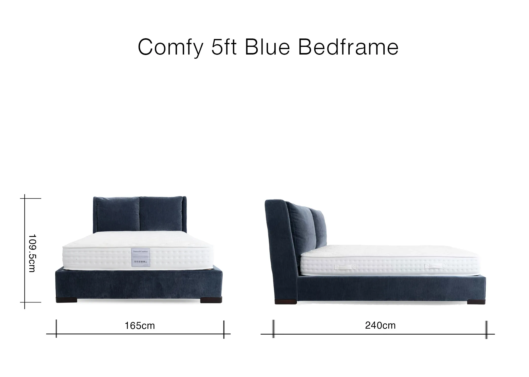 A dimension image of the Comfy 5ft bedframe with 165cm x 240cm