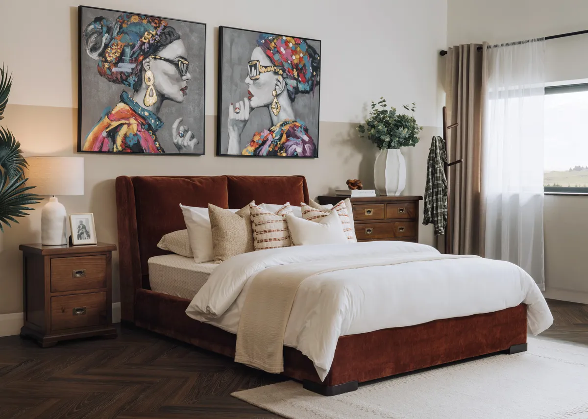 A lifestyle image of the Comfy bedframe with Mia and Evelyn linens with Contessa Pictures and Aisling lockers.