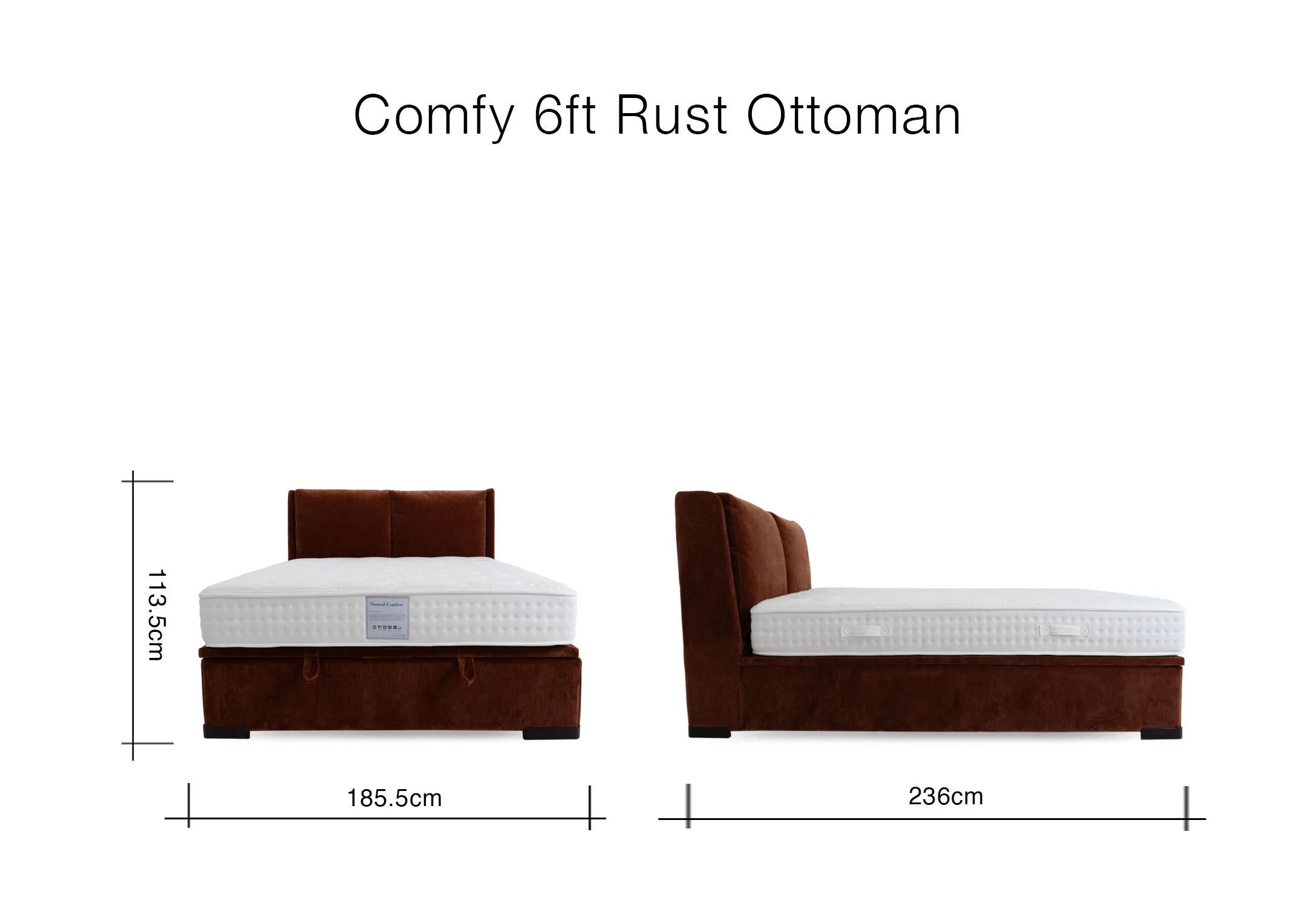 A dimension image of the Comfy Rust 6ft Ottoman with 185.5cm x 236cm x 113.5cm