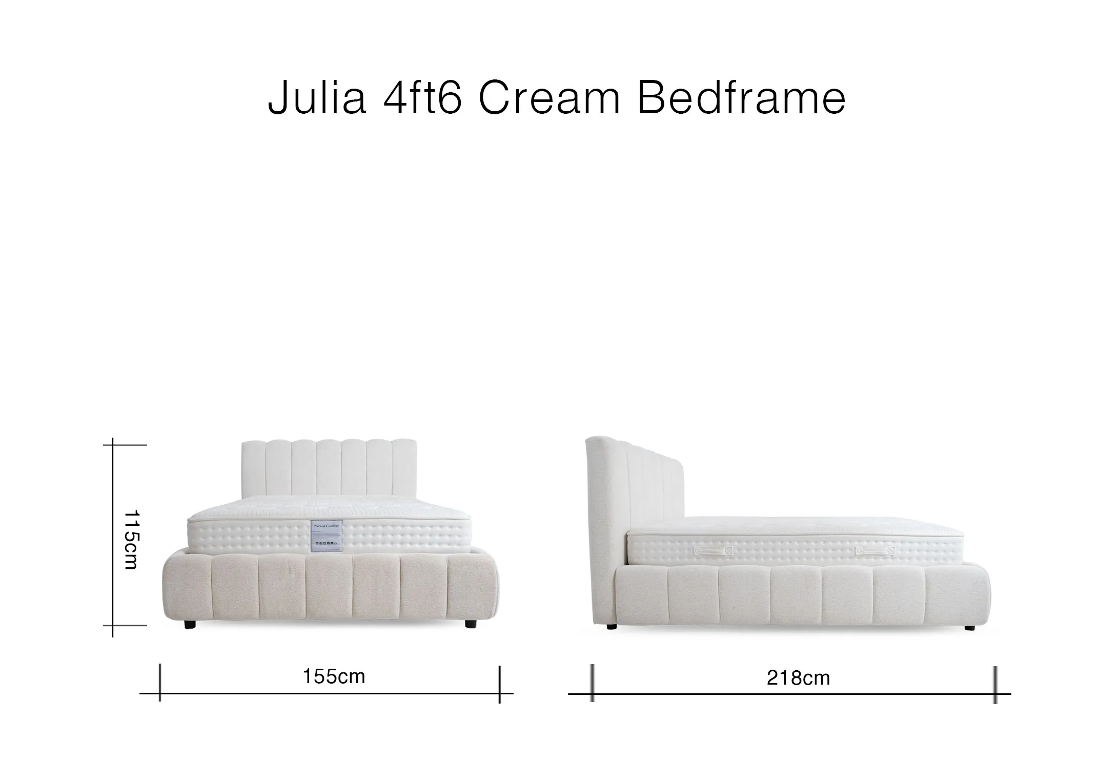 A dimension image of the Julia Cream Beframe with 155cm x 218cm x 115cm