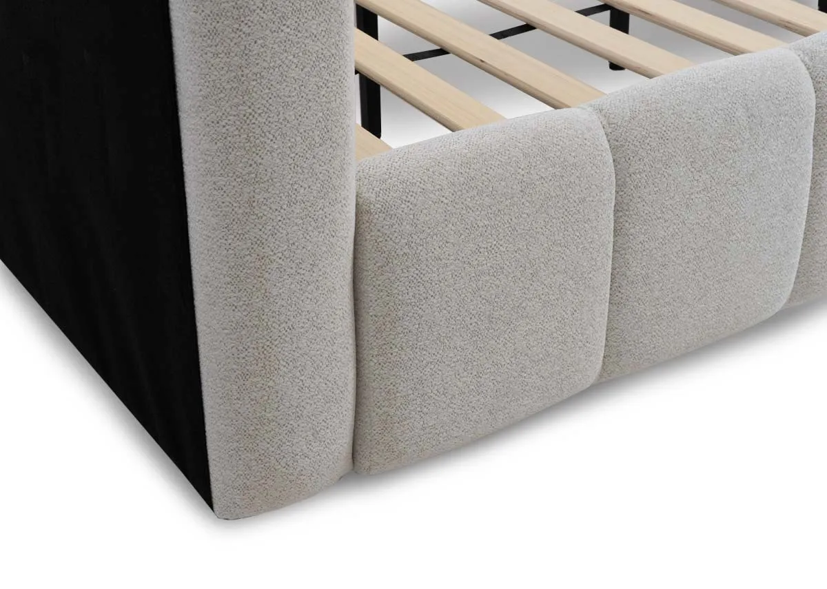 A cream fabric 5ft bedframe from EZ Livings Julia range. Closeup of cream upholstery