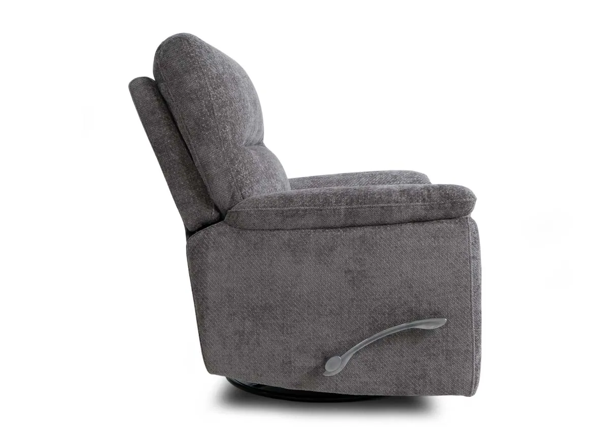 A light grey rocker recliner from EZ Livings Annalee range. Side view of chair fixed level down