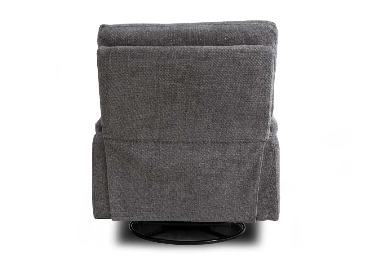 A light grey rocker recliner from EZ Livings Annalee range. Back view shows swivel base for rocking