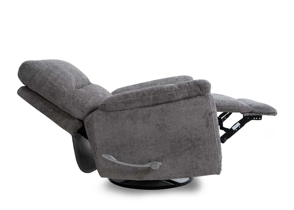 A light grey rocker recliner from EZ Livings Annalee range. Side view of the chair reclined with level pulled