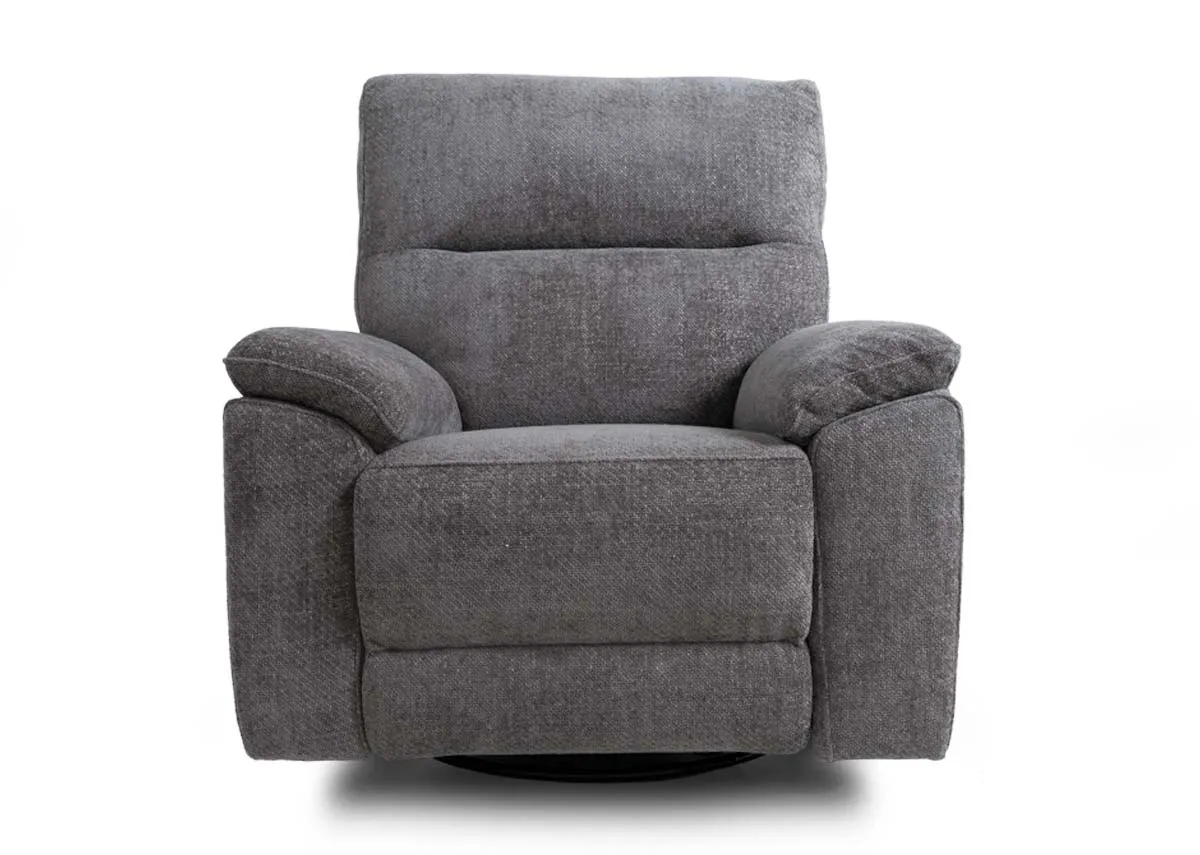 A light grey rocker recliner from EZ Livings Annalee range. Front view of padded seat and split stictch back rest