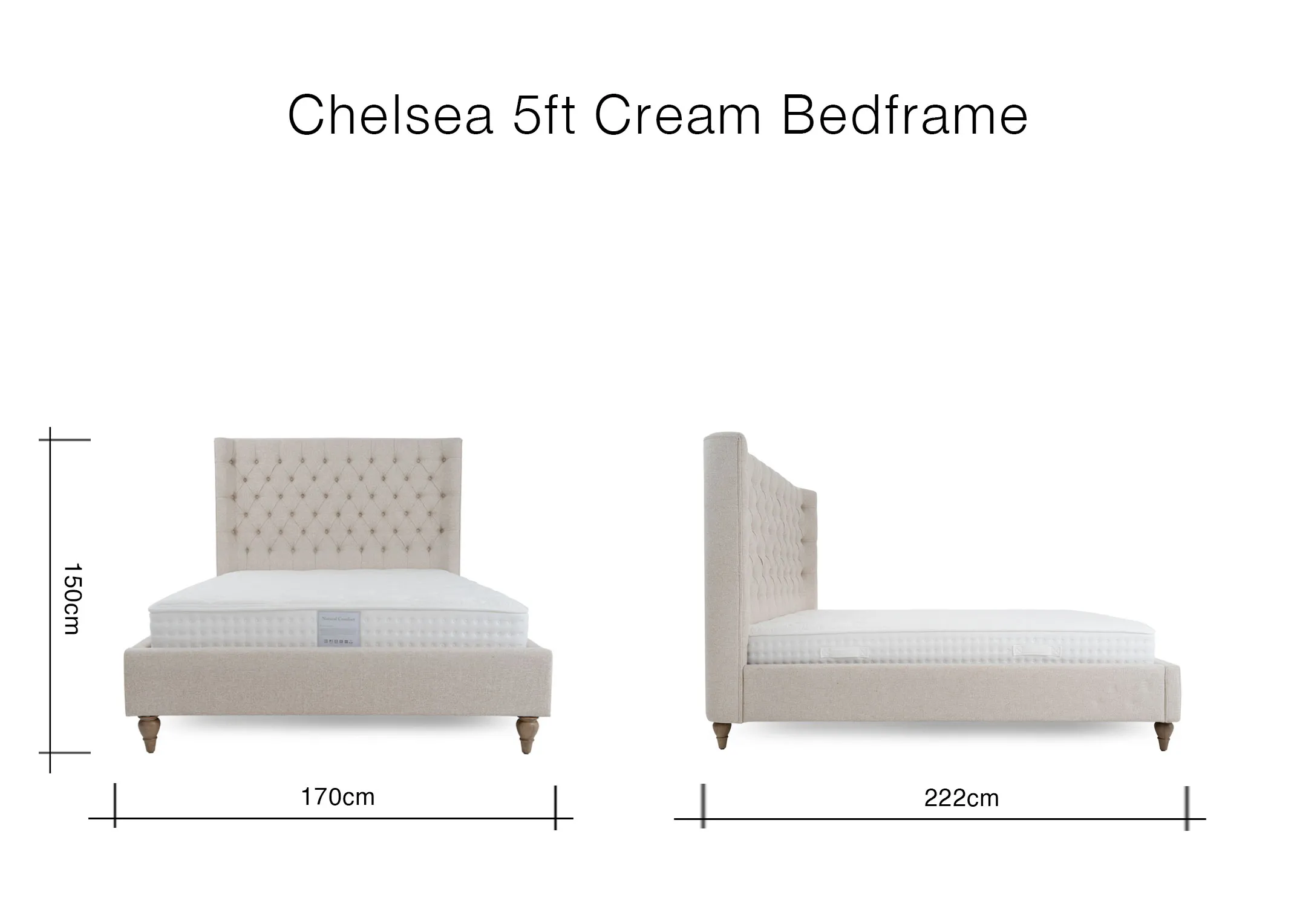 A dimension image of the Chelsea 5ft bedframe with 170cm x 222cm x 150cm