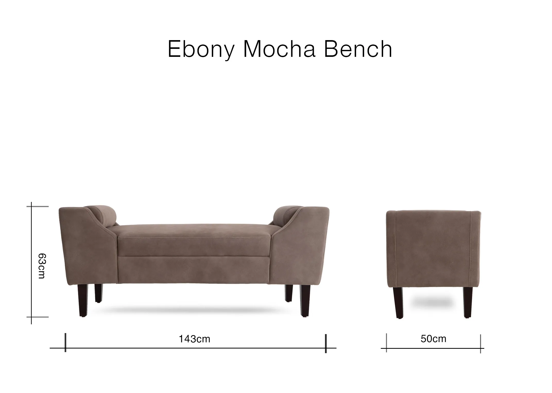 A dimension image of the Ebony Mocha Bench with 143cm x 50cm x 63cm