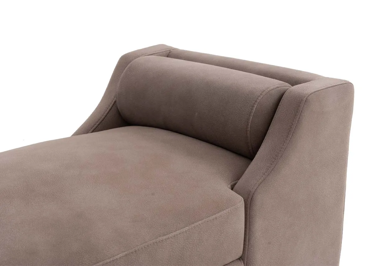 A soft mocha fabric upholstered bench from EZ Livings Ebony range. Closeup of the side cushion for resting head or feet.