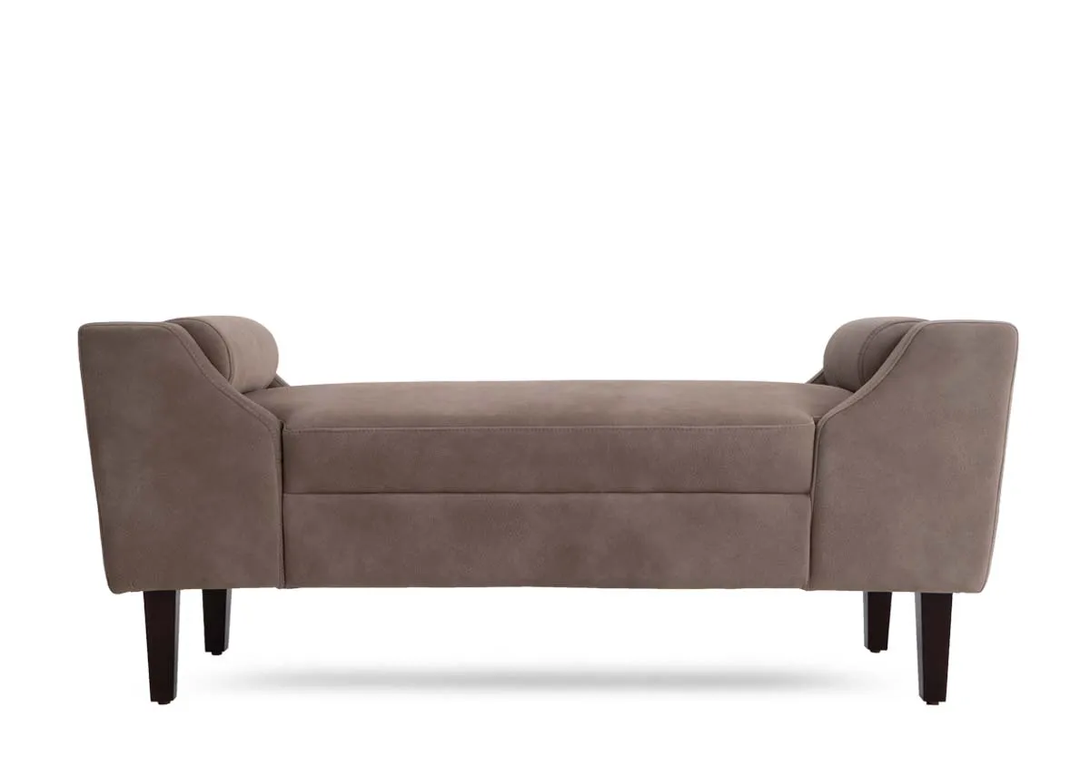 A soft mocha fabric upholstered bench from EZ Livings Ebony range.Front view of dark tapered feet