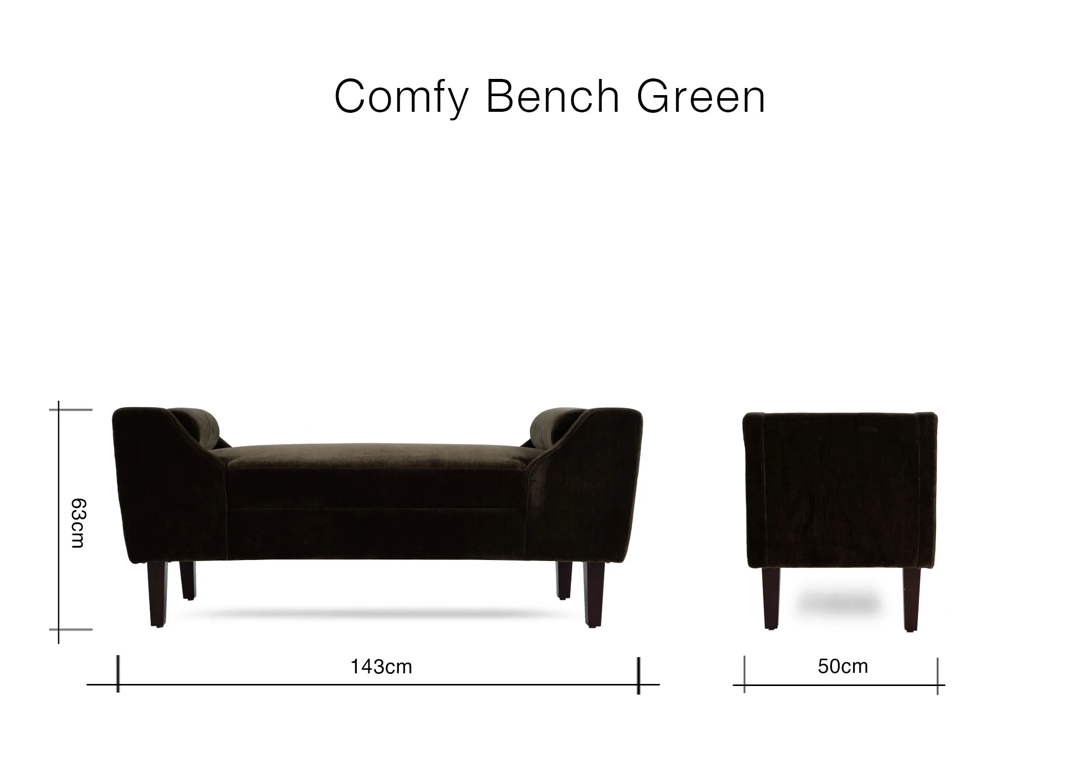 A dimension image of the Comfy Bench with 143cm x 50cm x 63cm