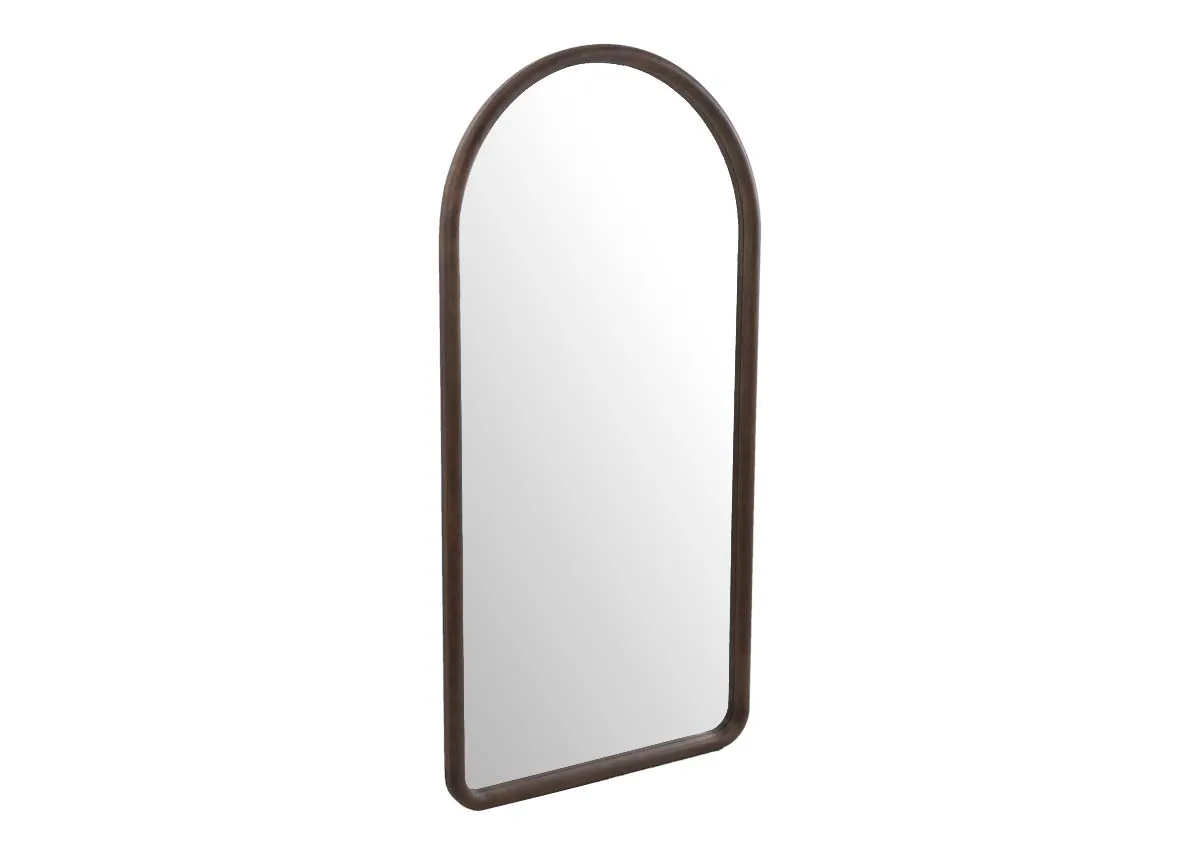 An arched walnut framed mirror from EZ Livings Quays range. Angled view