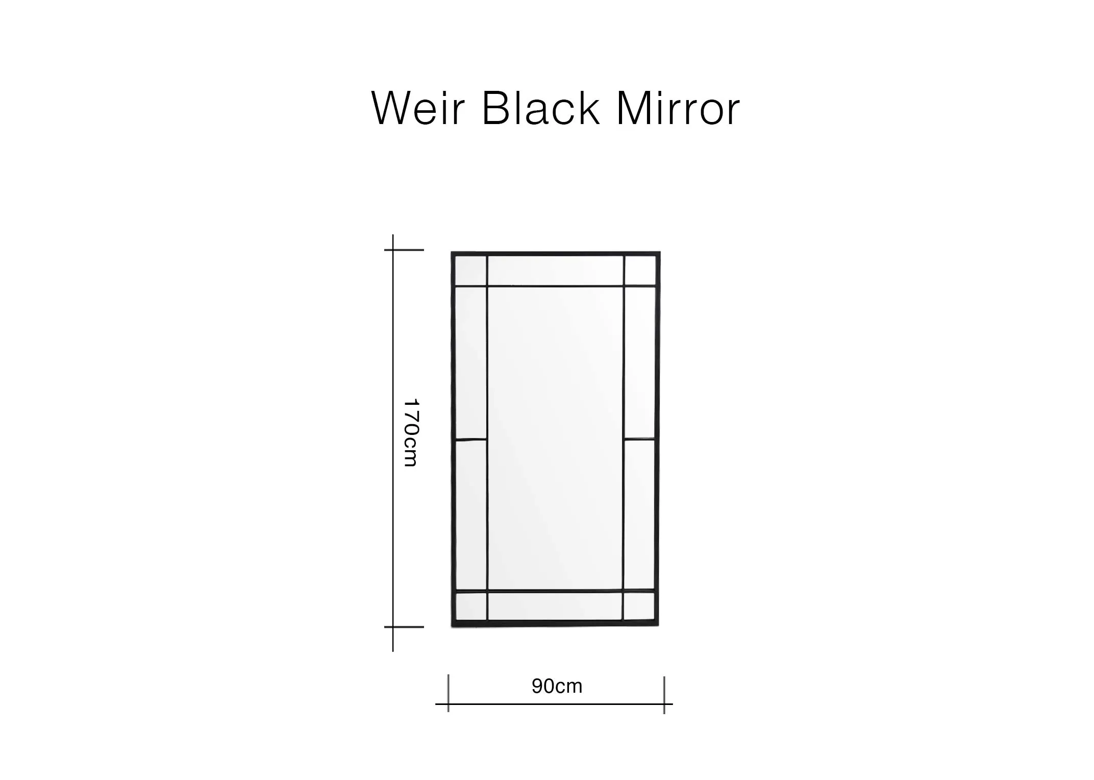 A dimension image of the Weir Black Mirror with 90cm x 170cm