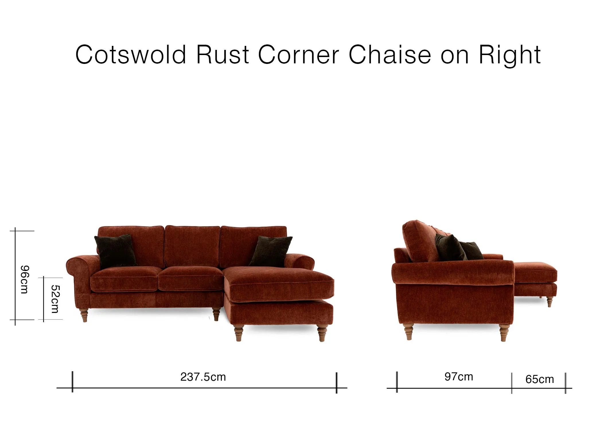 A dimension image of the Cotswold Corner chaise with 237.5cm x 97cm-167cm Depth x 96cm Height
