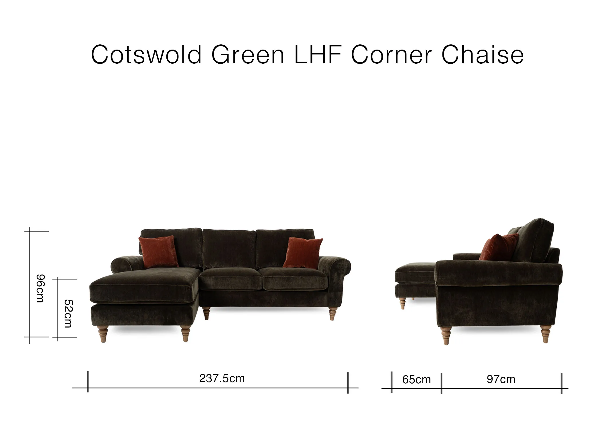 A dimension image of the Cotswold Corner with 237.5cm x 65xm x 97cm x 92cm