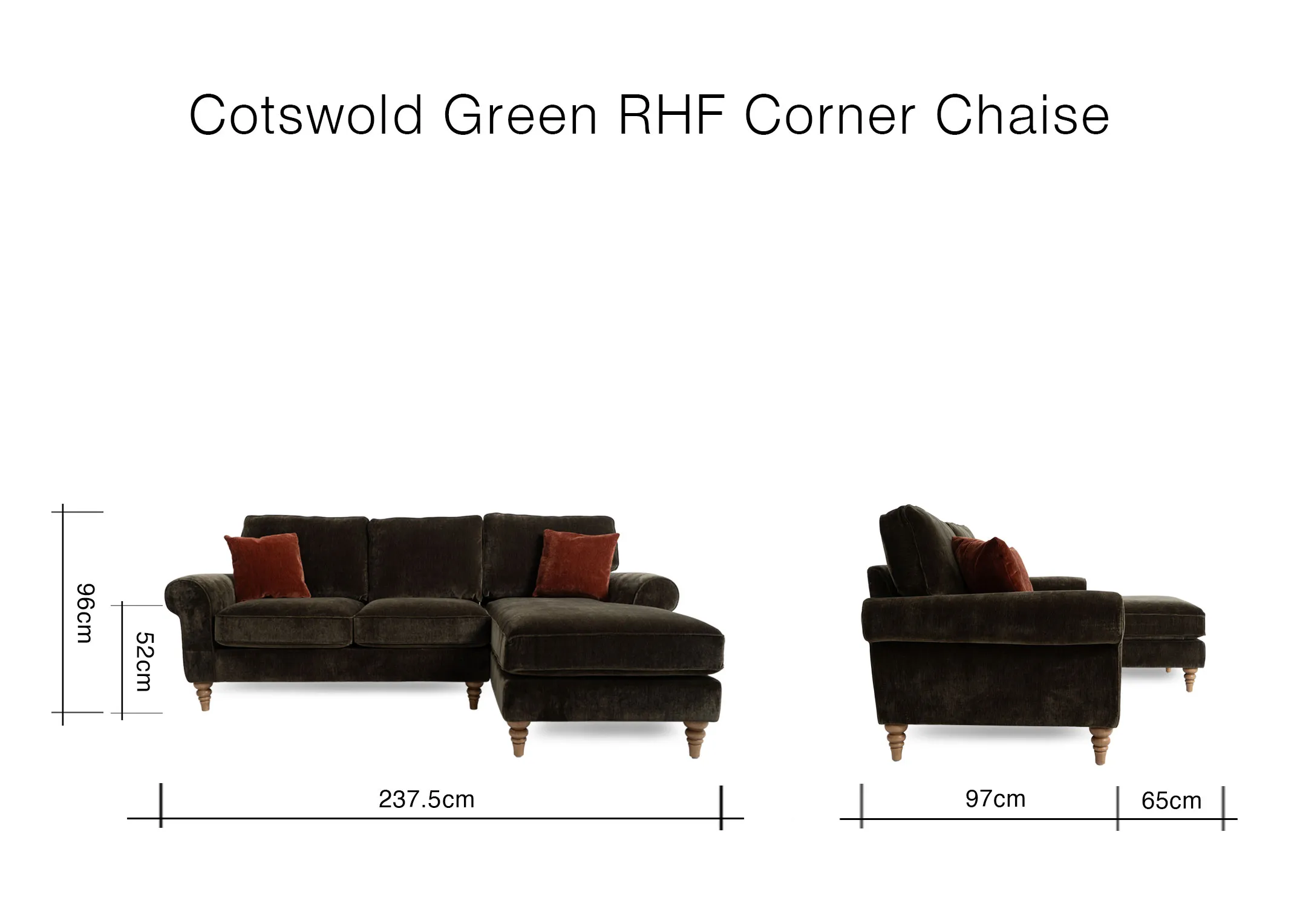 A dimension image of the Cotswold Corner with 237.5cm x 65xm x 97cm x 92cm